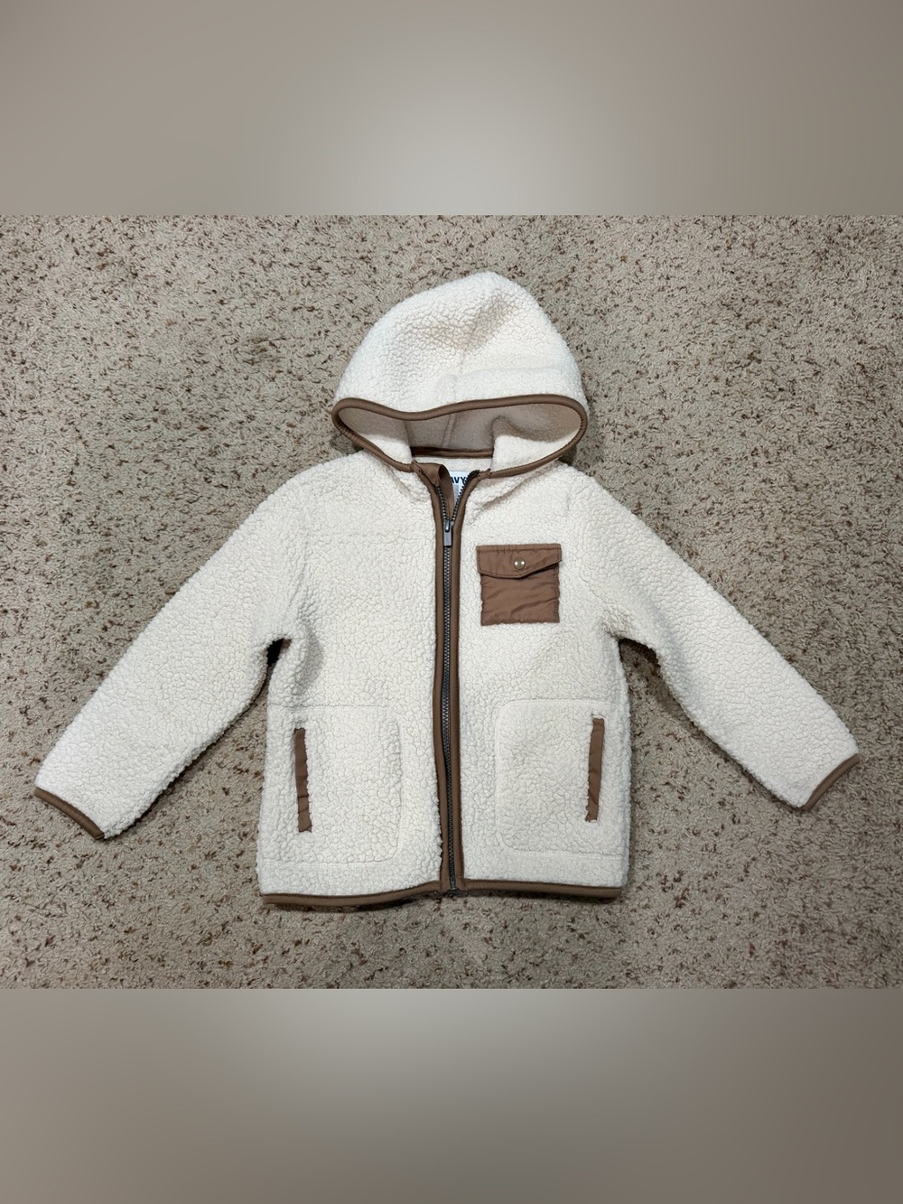Old Navy Cream Sherpa Hooded Jacket with Brown Trim, 5t